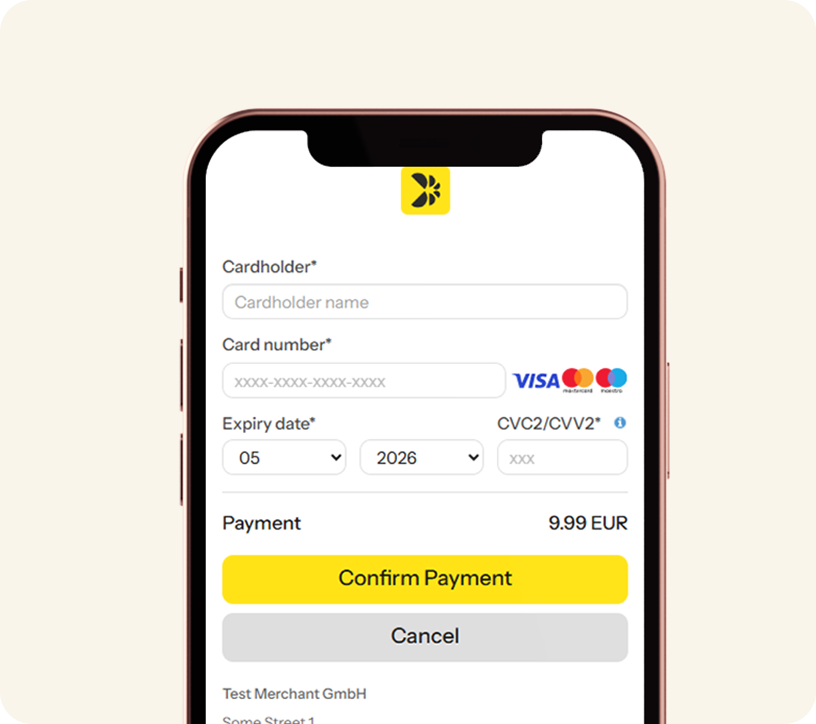 Mobile card payment checkout page with Visa and Mastercard payment options.