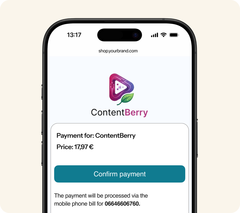 Carrier Billing payment confirmation screen showing charge to mobile phone bill