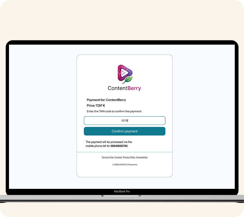 Web checkout screen with TAN verification for Carrier Billing payment